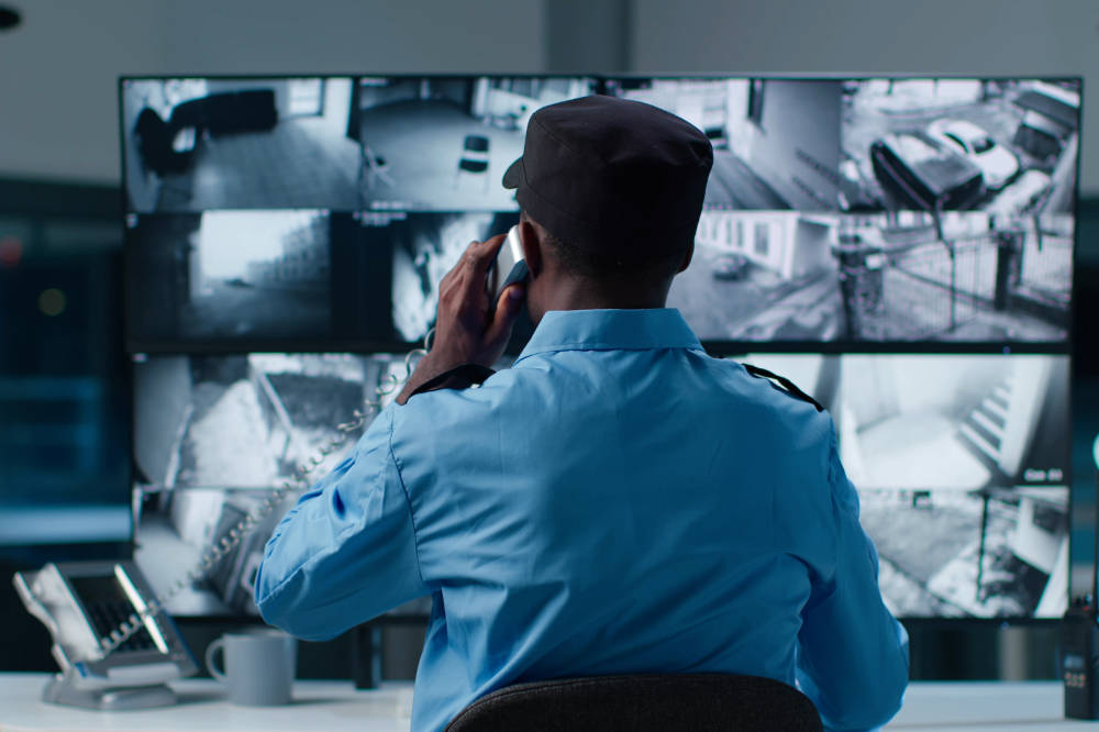 Amtivo (Formerly Certification Europe and EQA) - CCTV Monitoring centre with a security guard observing footage from multiple screens.